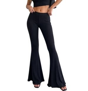 Promesa Black Ribbed Knit Bell Bottom Pull On Flare Pants Women's Size Large
